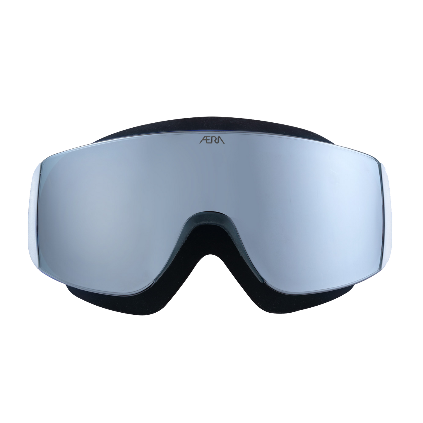 Front view of ÆRA Black Mirror swimming goggles with anti-fog lenses and UV protection, designed for adults.