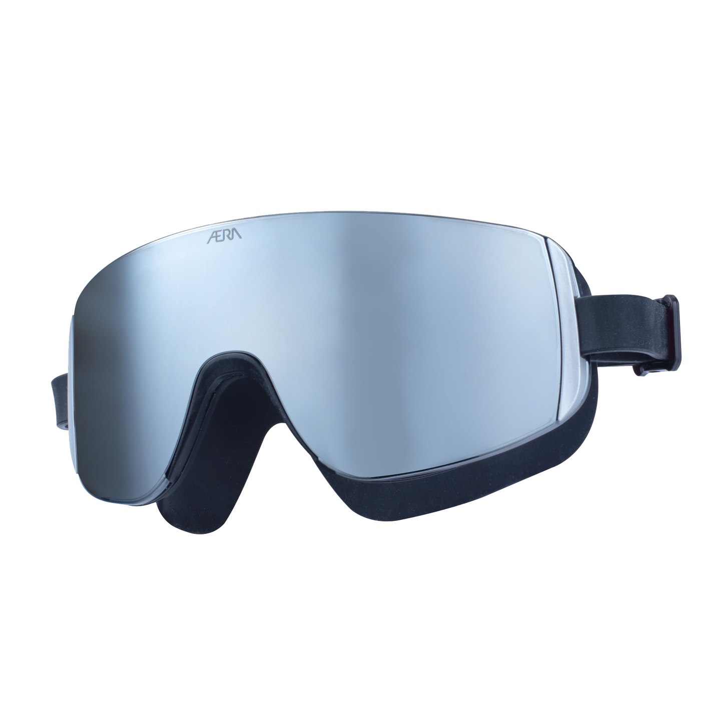 A pair of swimming goggles with a black frame and reflective silver lens.