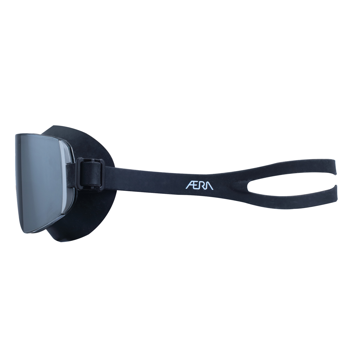 Side-right view of ÆRA Black Mirror swimming goggles with anti-fog lenses and UV protection, designed for adults.