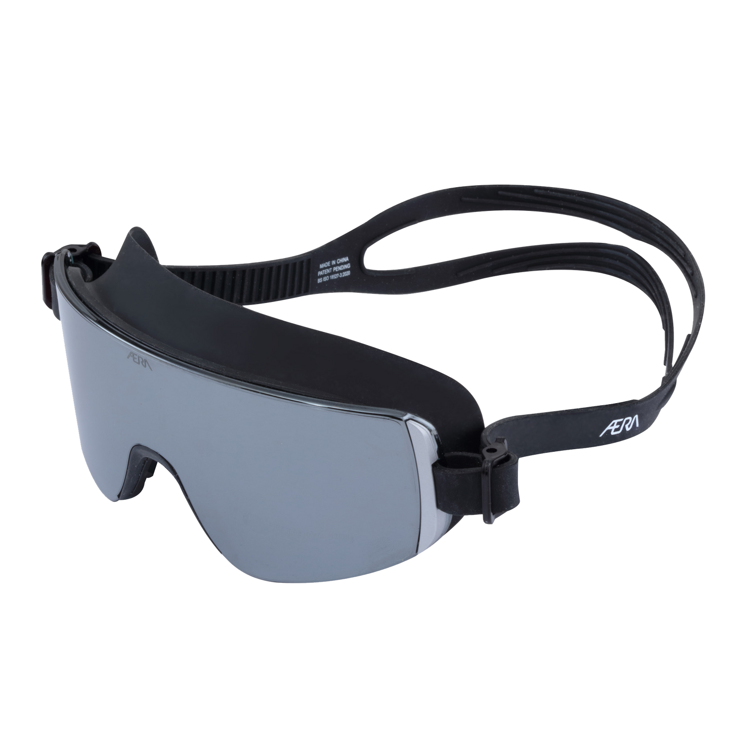 ÆRA Black Mirror swimming goggles, top-left view, with anti-fog coating, UV protection, designed for adults.