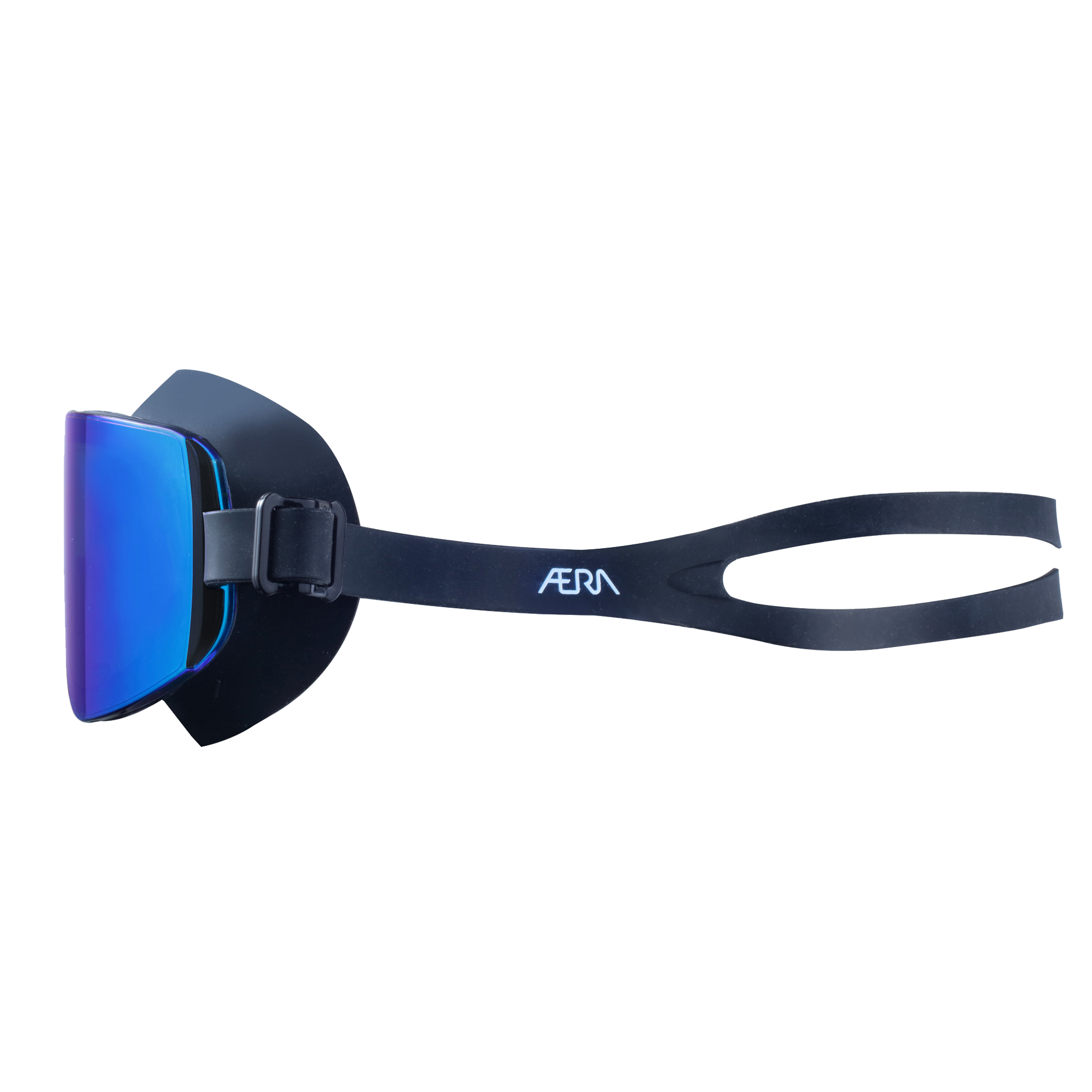 Side-right view of ÆRA Blue Steel polarized swimming goggles with blue lenses, featuring anti-fog coating and UV protection for adults