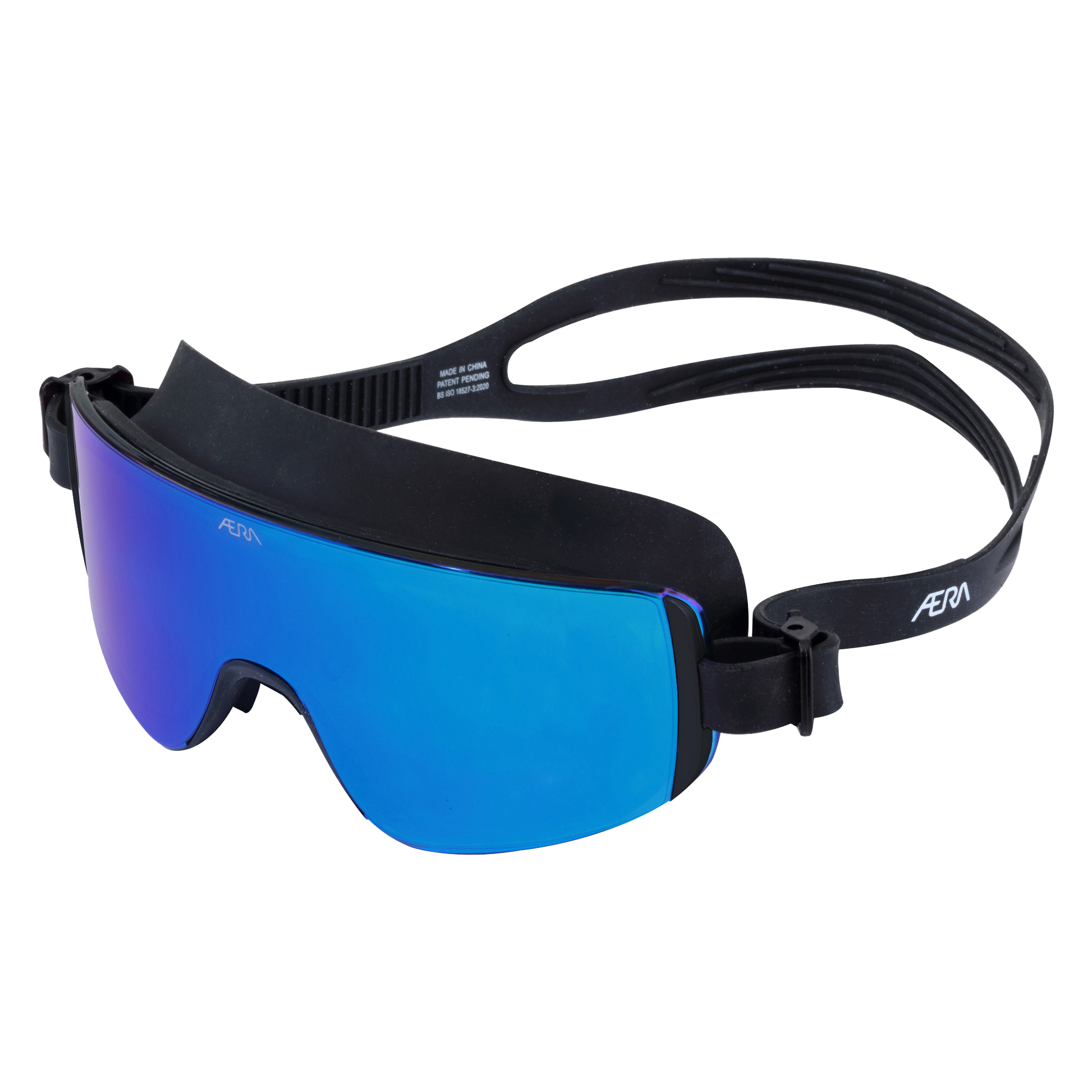 Top-left view of ÆRA Blue Steel polarized swimming goggles with blue lenses, featuring anti-fog coating and UV protection for adults