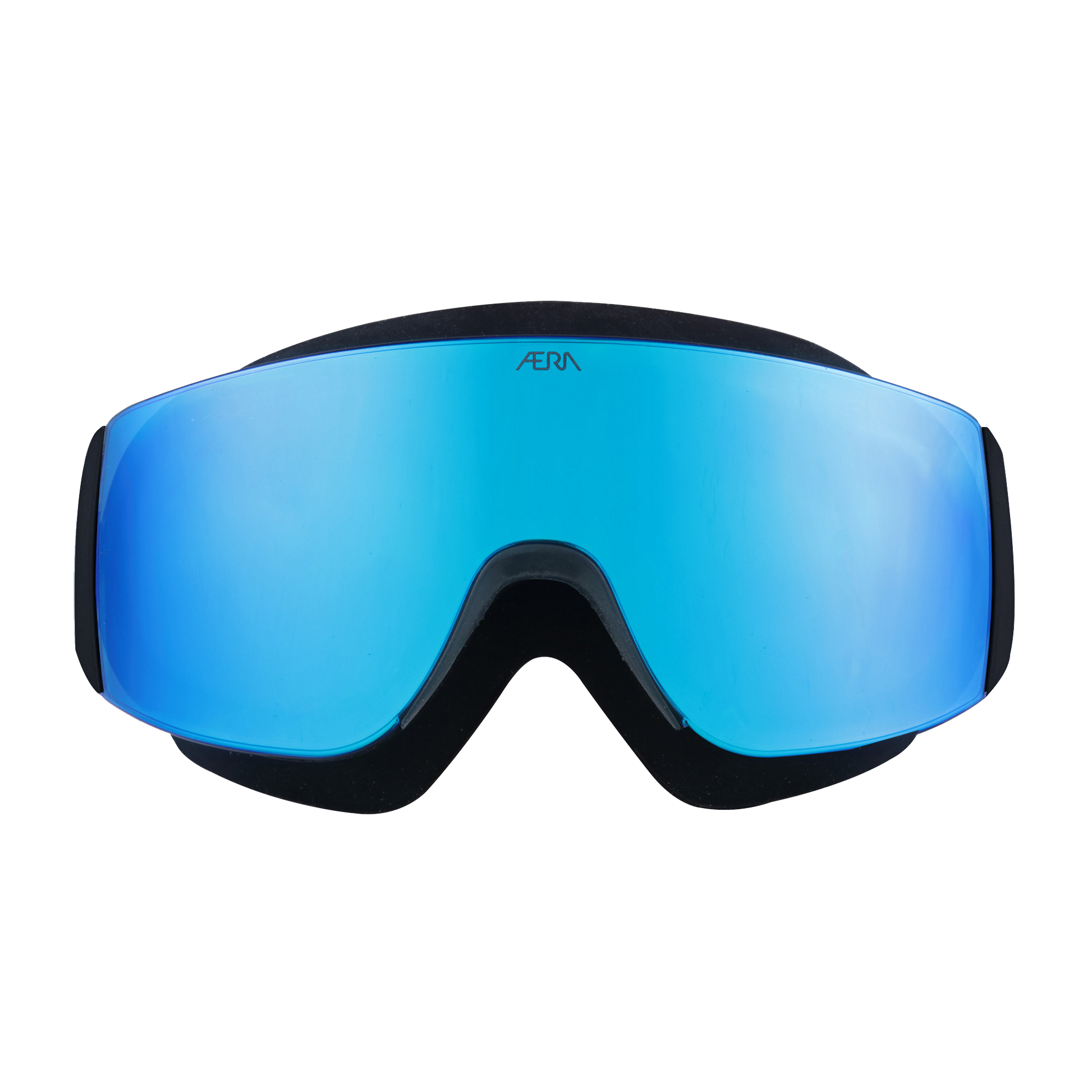 Front view of ÆRA Blue Steel polarized swimming goggles on face, featuring blue lenses, anti-fog coating, and UV protection for adults