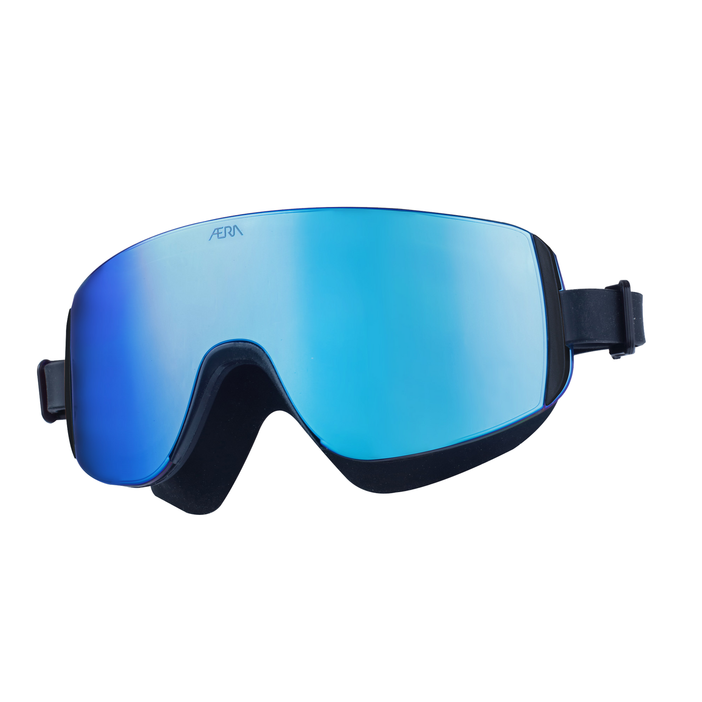 A pair of swimming goggles with blue lenses and a black frame.