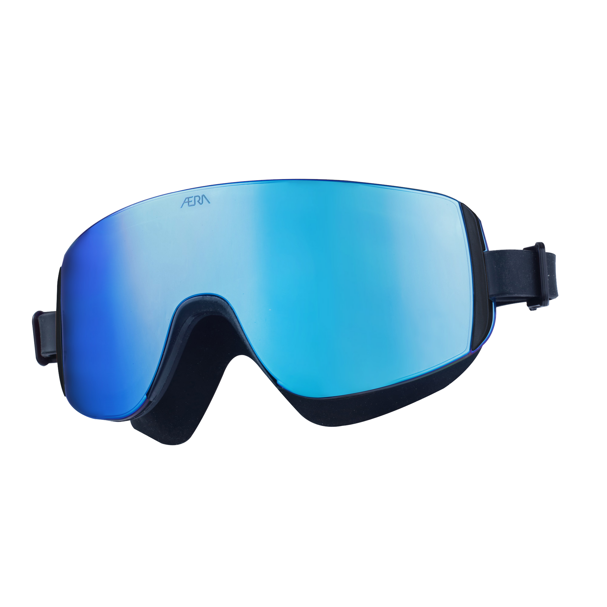 Hero view of ÆRA Blue Steel swimming goggles with blue lenses and black frame, featuring anti-fog coating and UV protection for adults