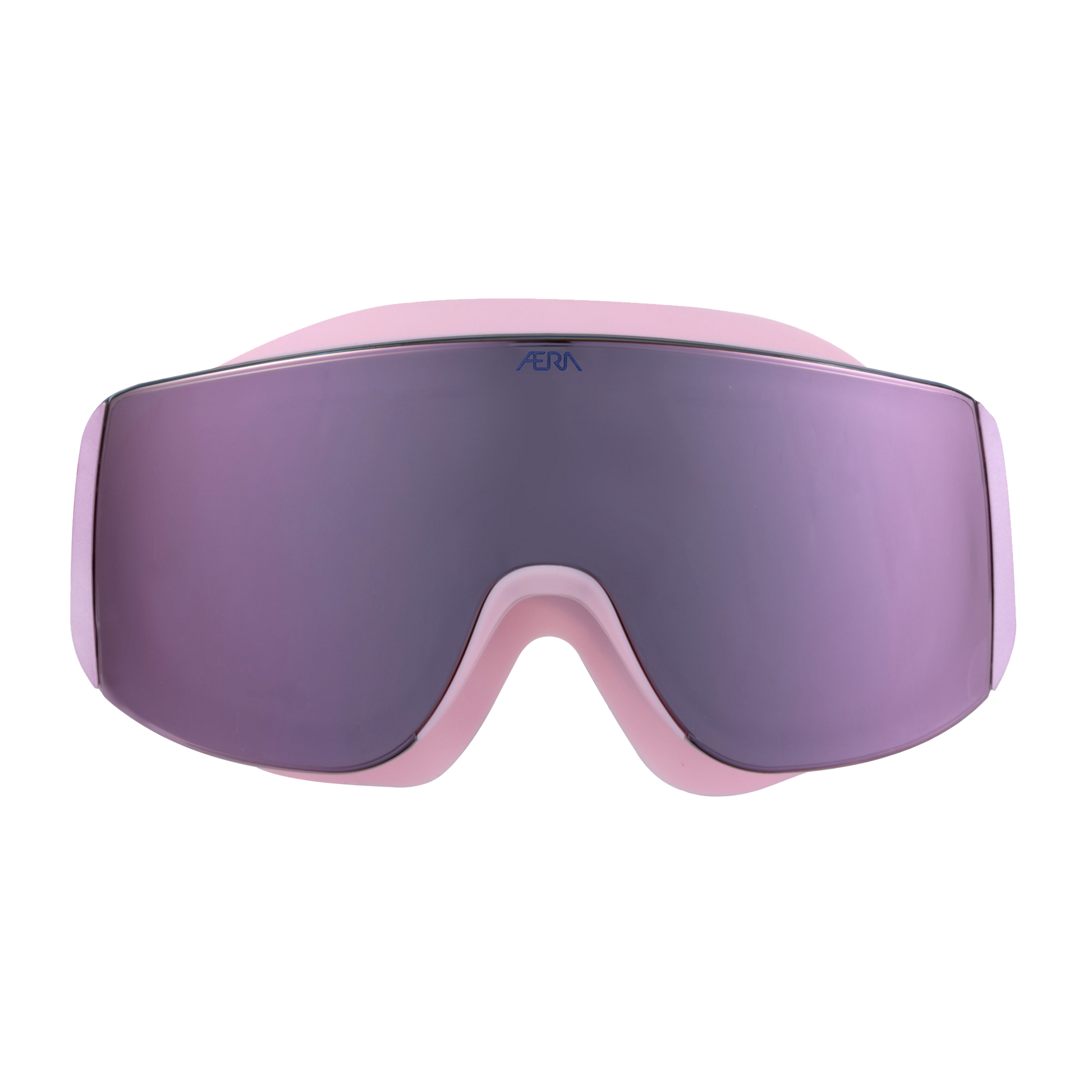 Front view of ÆRA Blushwave swimming goggles on face, featuring pink and purple lenses, anti-fog coating, and UV protection for adults