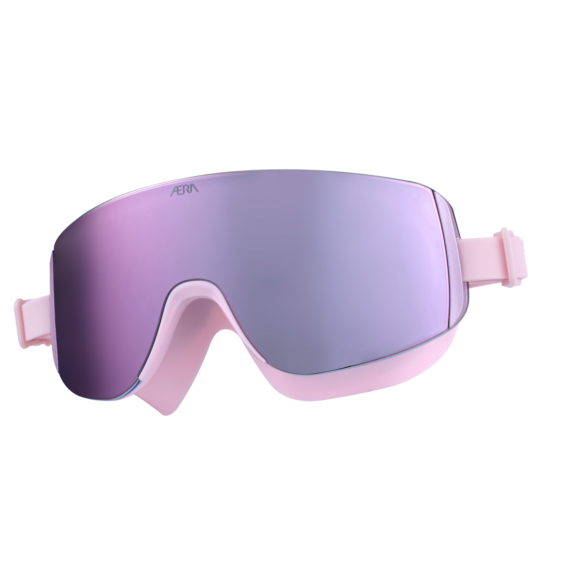 Hero view of ÆRA Blushwave swimming goggles in pink with reflective lenses, featuring anti-fog coating and UV protection for adults