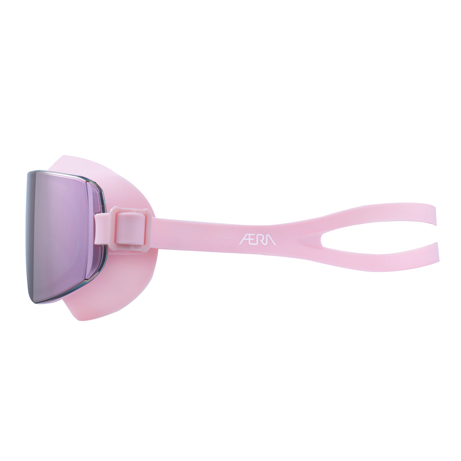 Side-right view of ÆRA Blushwave swimming goggles with pink and purple lenses, featuring anti-fog coating and UV protection for adults