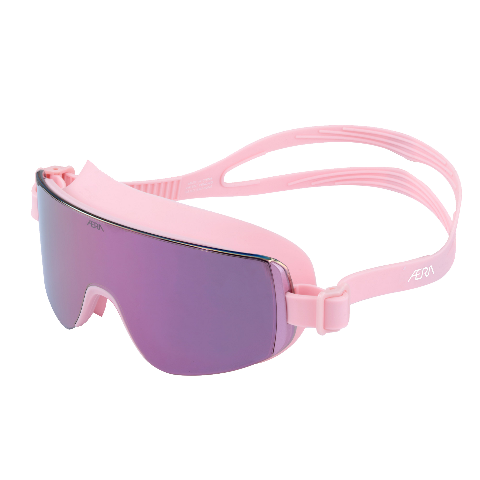 Top-left view of ÆRA Blushwave swimming goggles in pink and purple, featuring anti-fog lenses and UV protection for adults