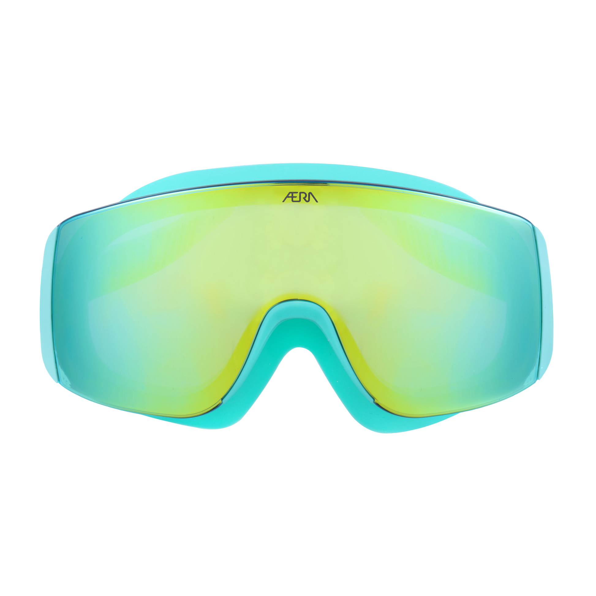 Front view of ÆRA Emerald polarized swimming goggles on face, with green lenses and teal frames, featuring anti-fog coating and UV protection for adults