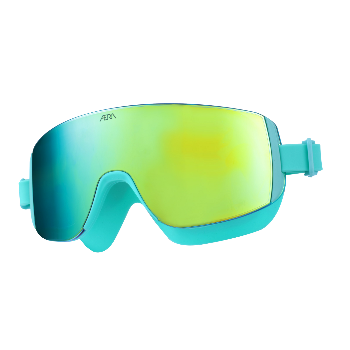 A pair of swiming goggles with green lenses and blue frames, marked with the brand name 'AERA'.