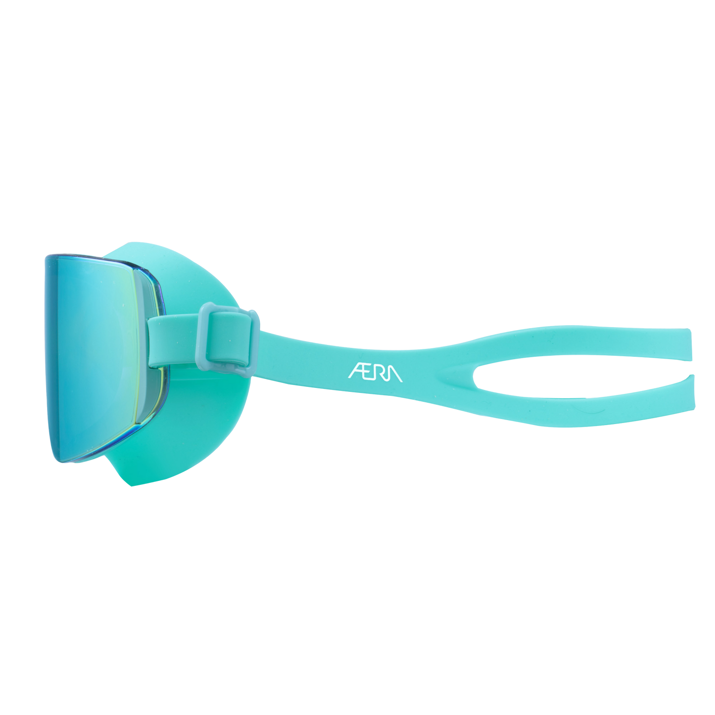 Side-right view of ÆRA Emerald polarized swimming goggles with green lenses and teal frames, featuring anti-fog coating and UV protection for adults