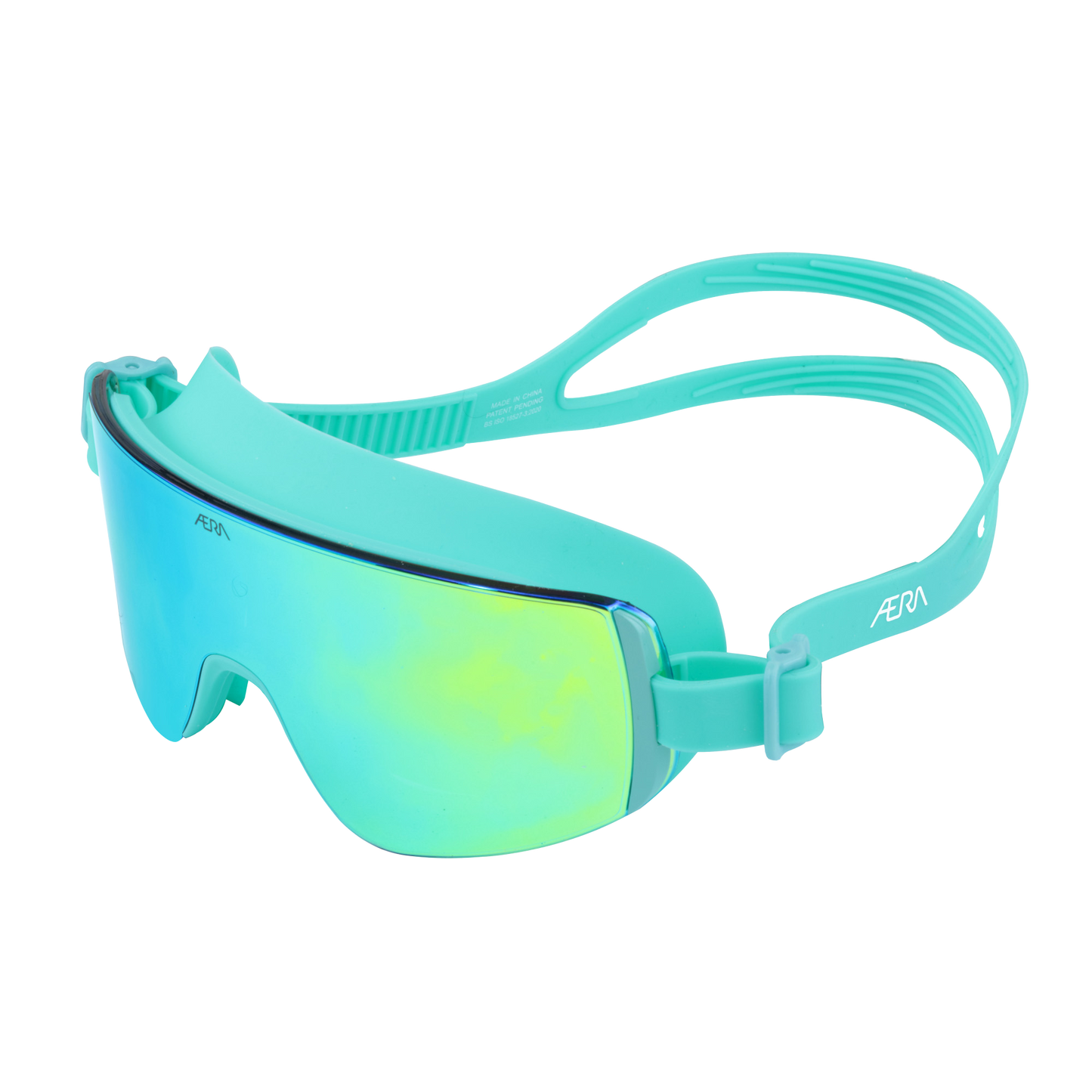 Top-left view of ÆRA Emerald swimming goggles with green lenses and teal frames, featuring anti-fog coating and UV protection for adults
