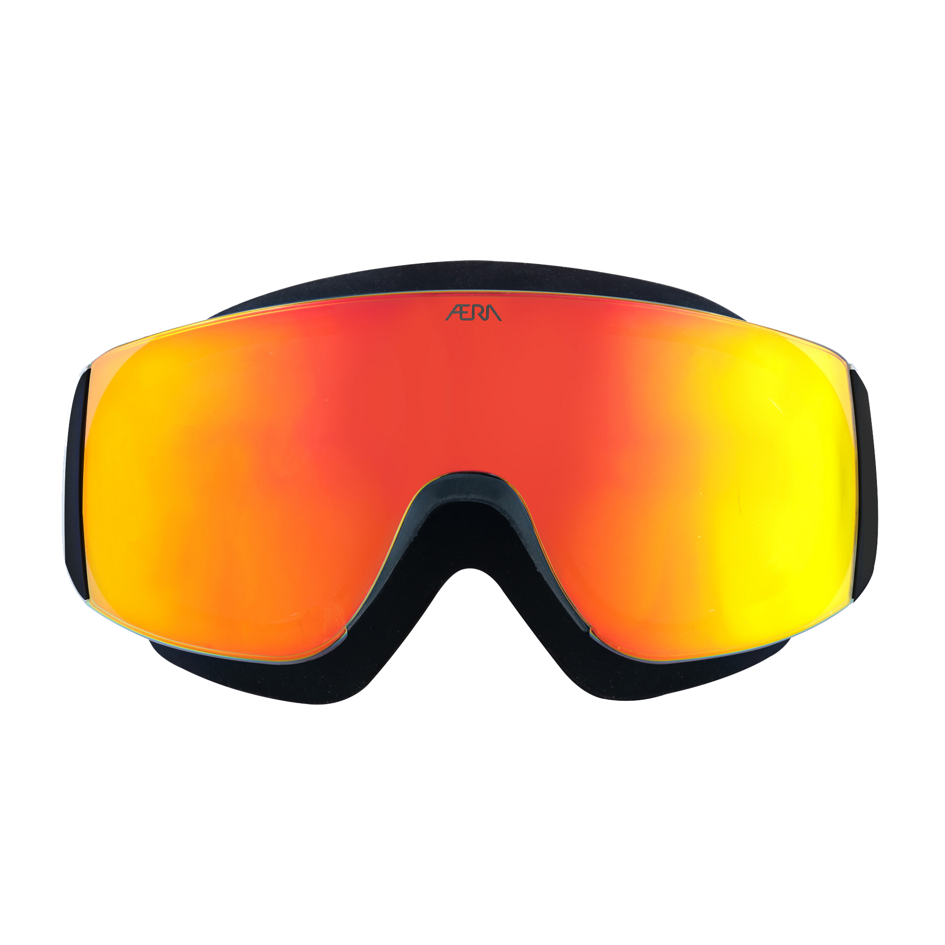 Front view of ÆRA Fire swimming goggles on face, with red-to-yellow gradient lenses and black frame, featuring anti-fog coating and UV protection for adults
