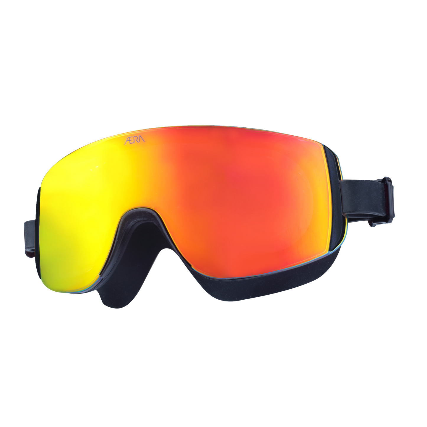 A single swimming goggles with a red to yellow gradient lens and a black frame.