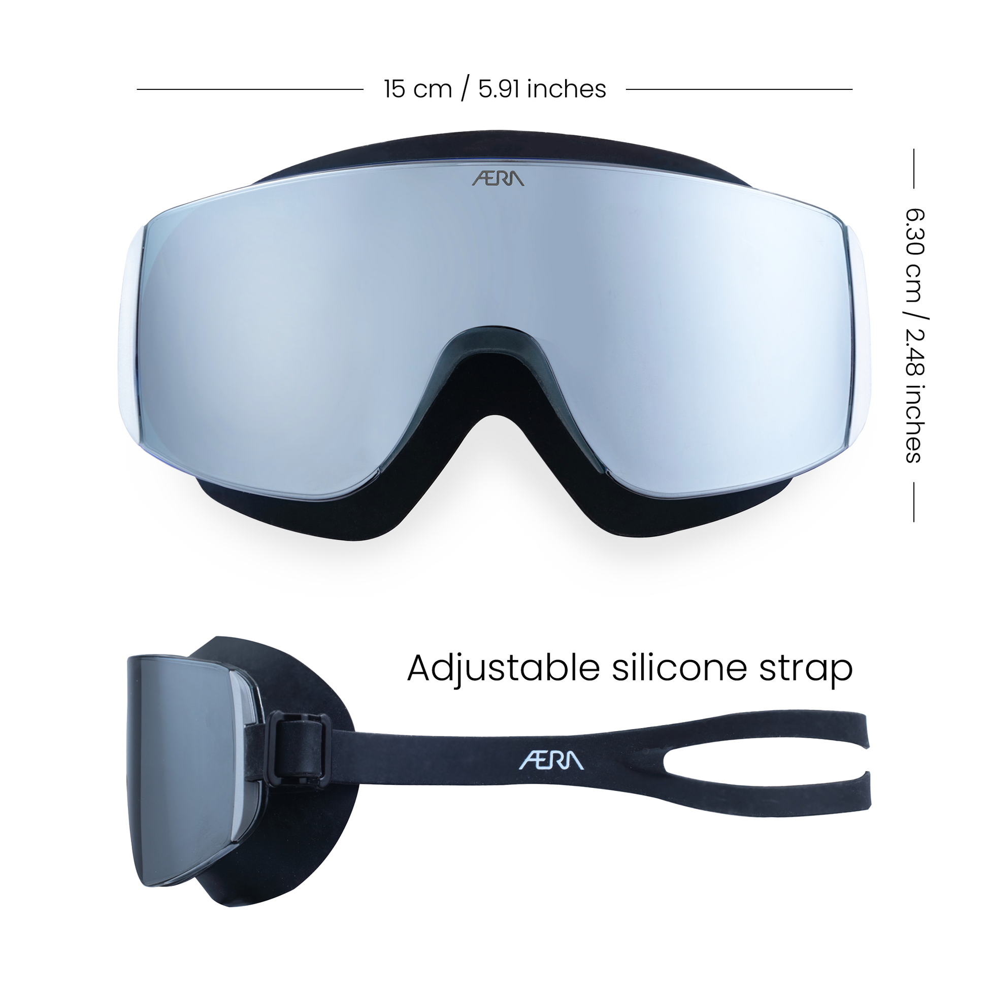ÆRA Black Mirror swimming goggles with labeled dimensions, showing size, width, and fit details, anti-fog and UV protection for adults