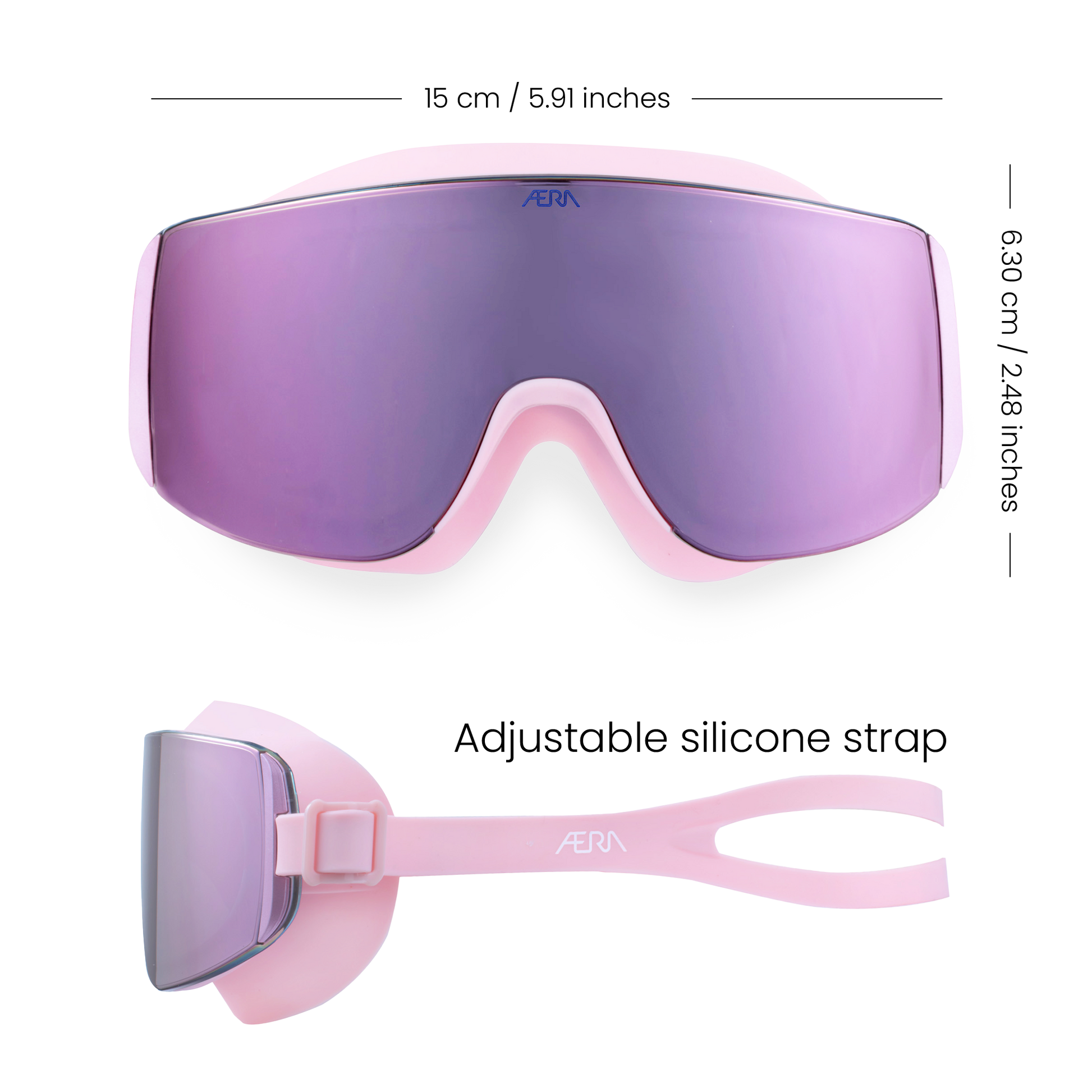 ÆRA Blushwave swimming goggles with labeled dimensions, showing size, width, and fit details, featuring anti-fog lenses and UV protection for adults