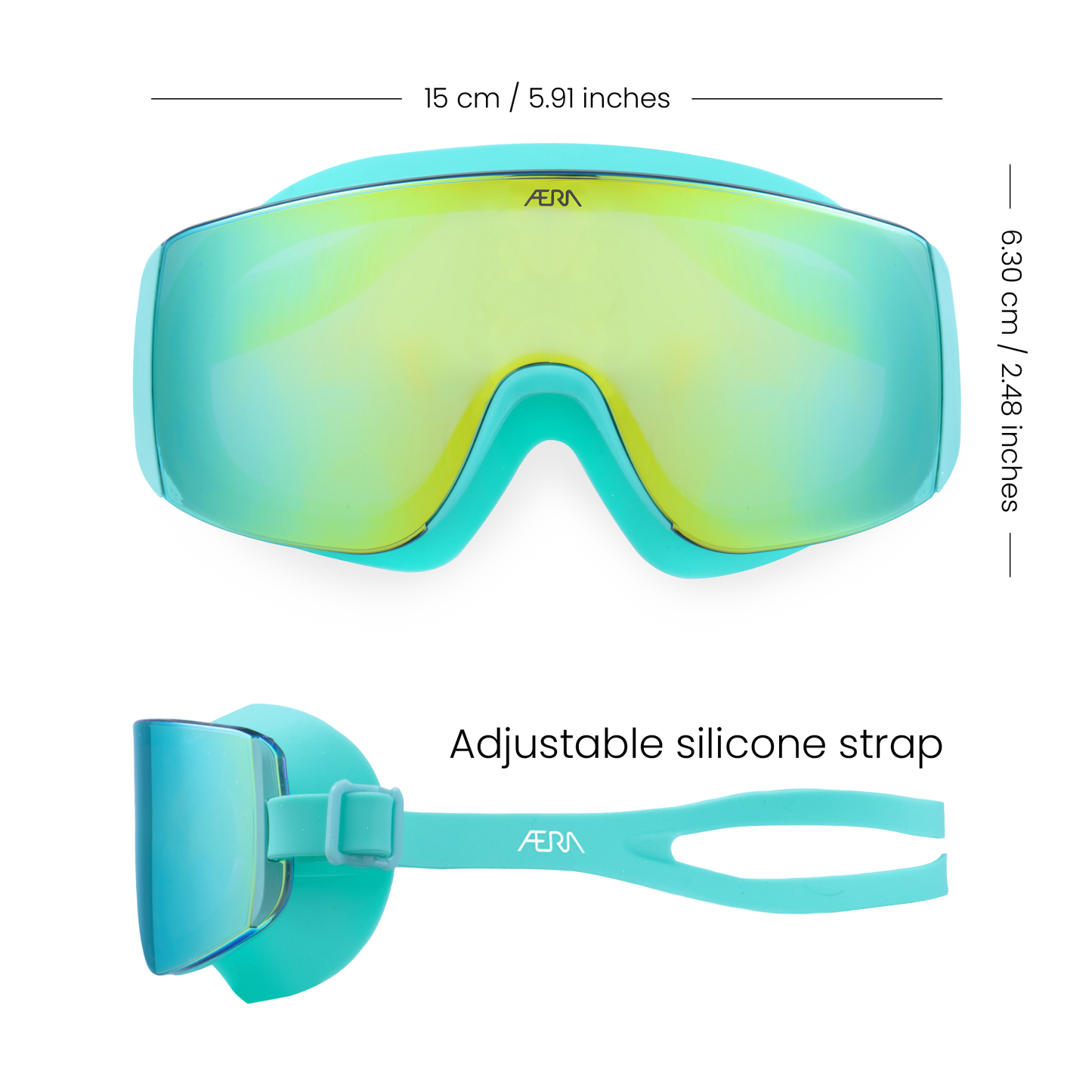 ÆRA Emerald swimming goggles with labeled dimensions, showing size, width, and fit details, featuring anti-fog lenses and UV protection for adults