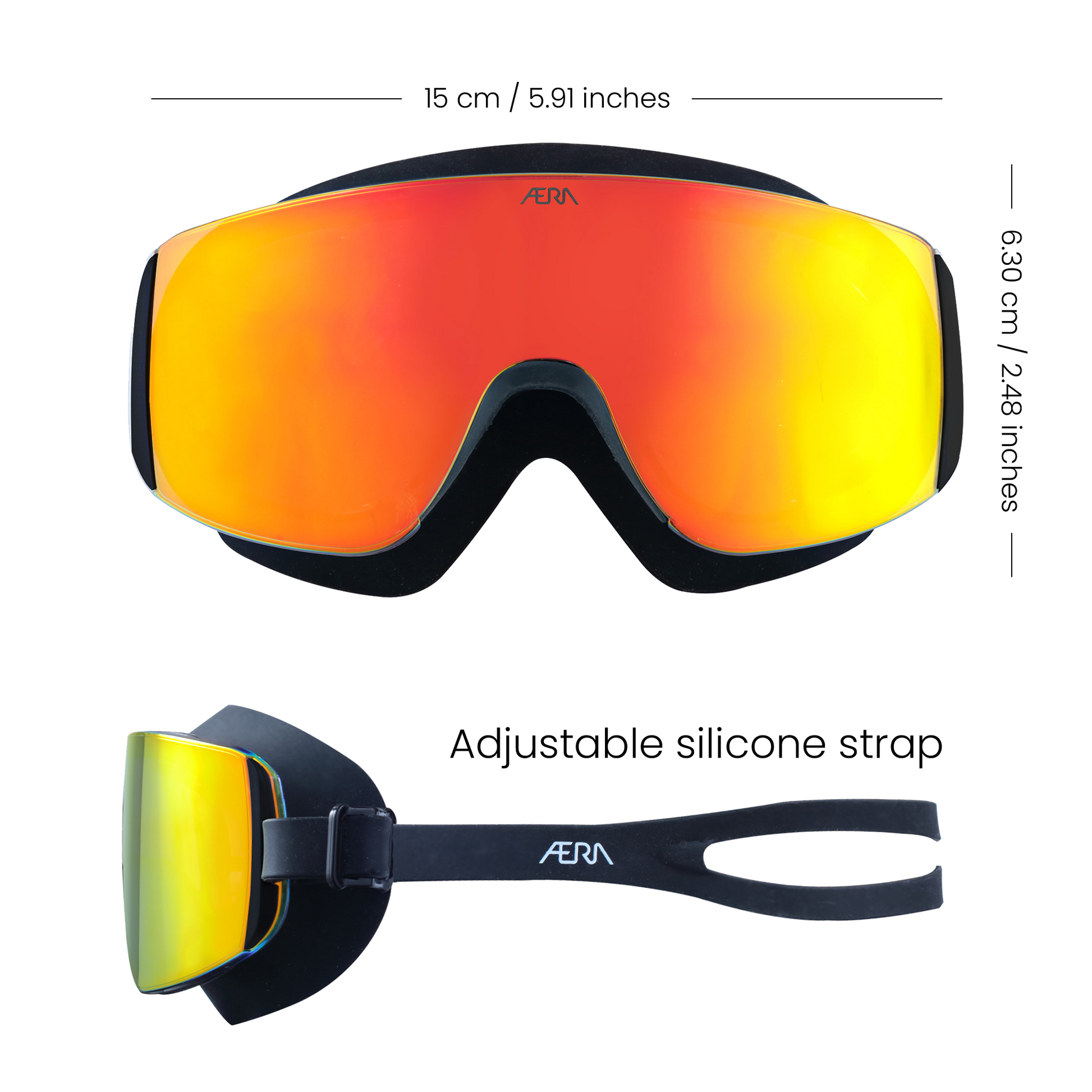 ÆRA Fire swimming goggles with labeled dimensions, showing size, width, and fit details, featuring anti-fog lenses and UV protection for adults