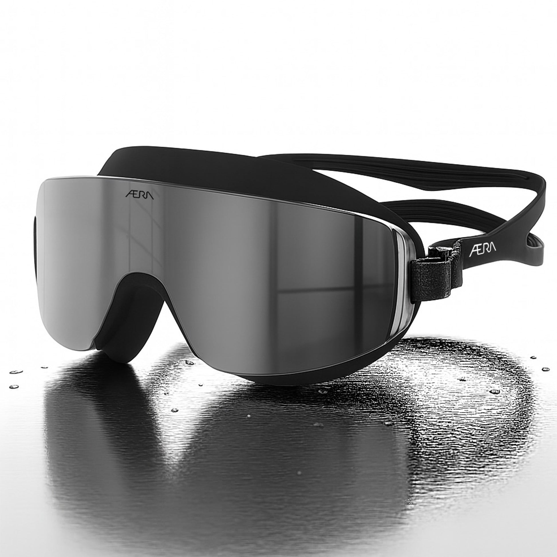 Black Mirror swimming goggles by AERA, sleek high-performance lenses, perfect for clear vision in bright water, shown on white background, Low Angle