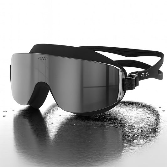 Black Mirror swimming goggles by AERA, sleek high-performance lenses, perfect for clear vision in bright water, shown on white background, Low Angle