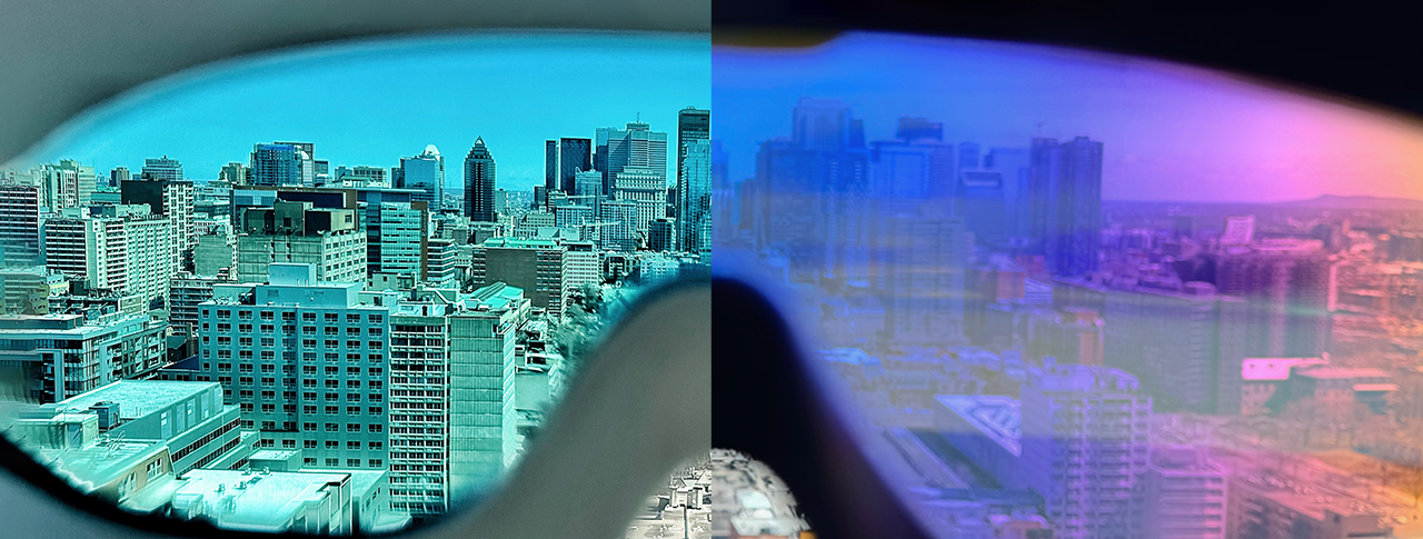 Cityscape with a split view showing normal and blurred vision.