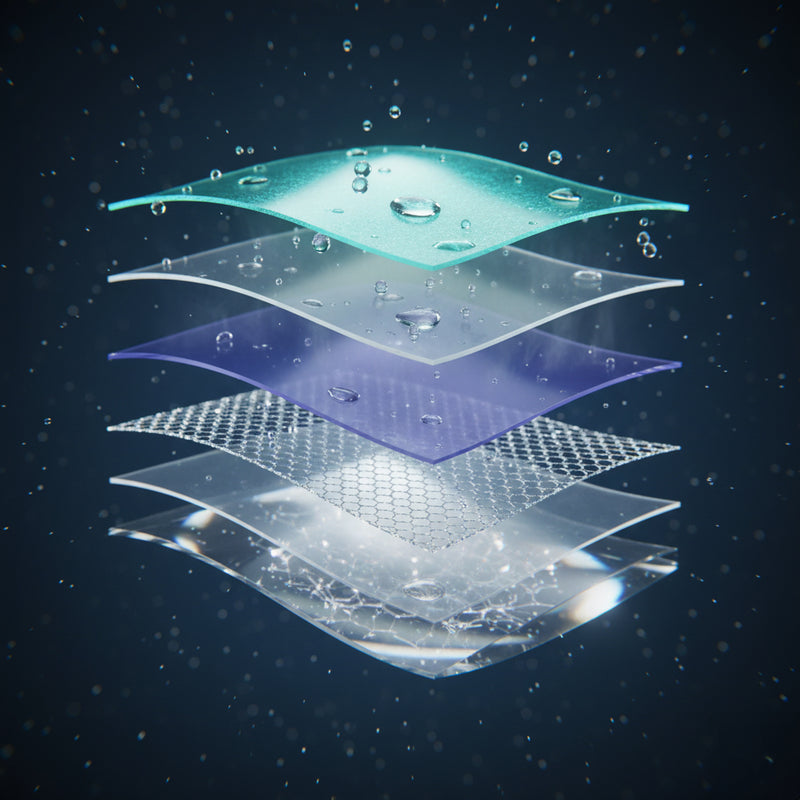 Layered structure coating layers with water droplets on a dark background