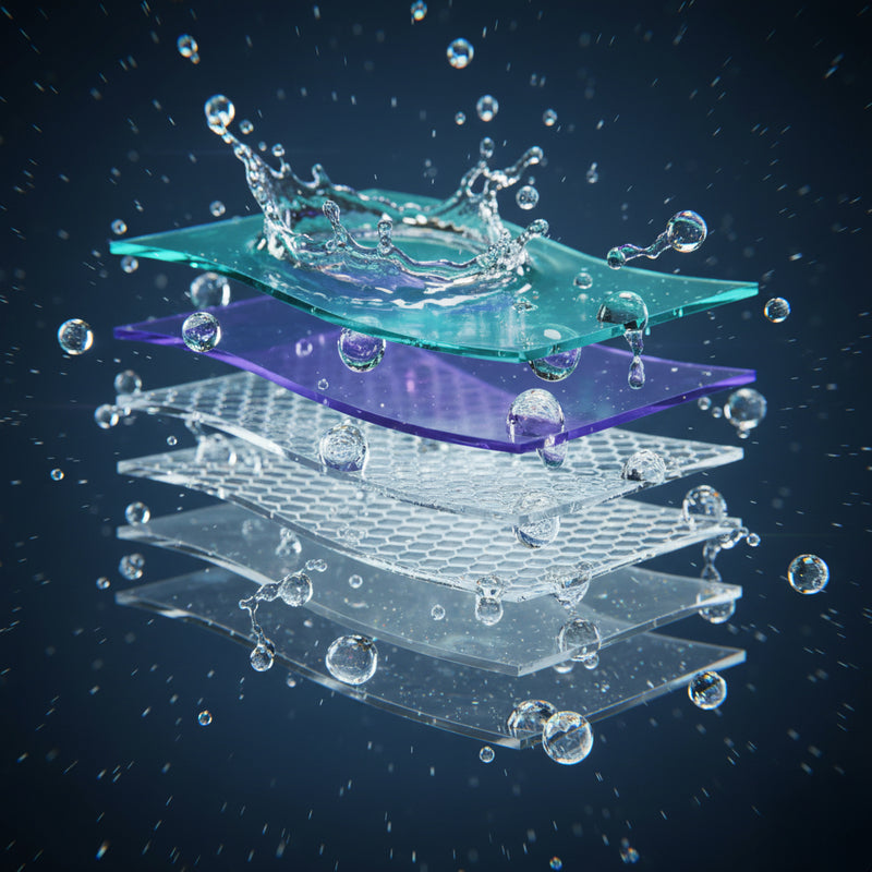 Stack of transparent coating layers with water droplets and splashes on a dark background