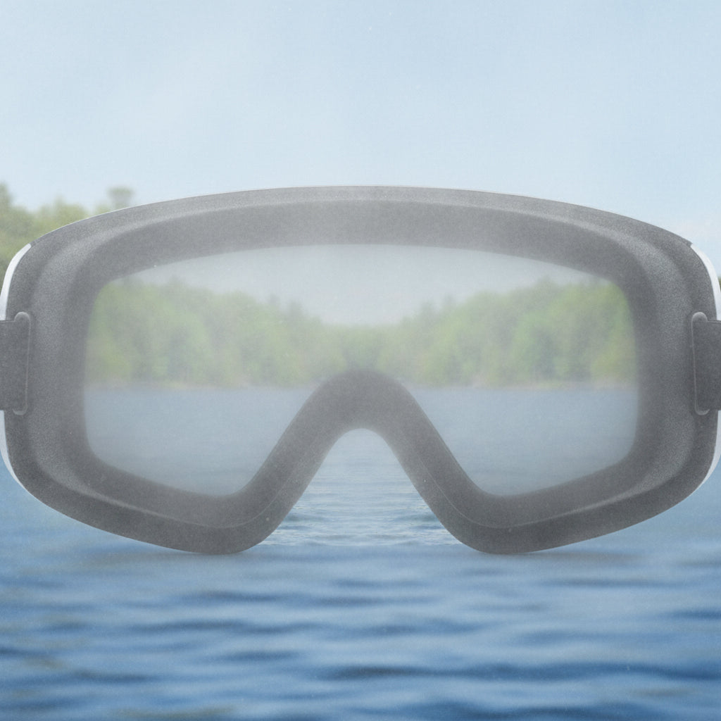 Diving mask with a blurred background of water and trees