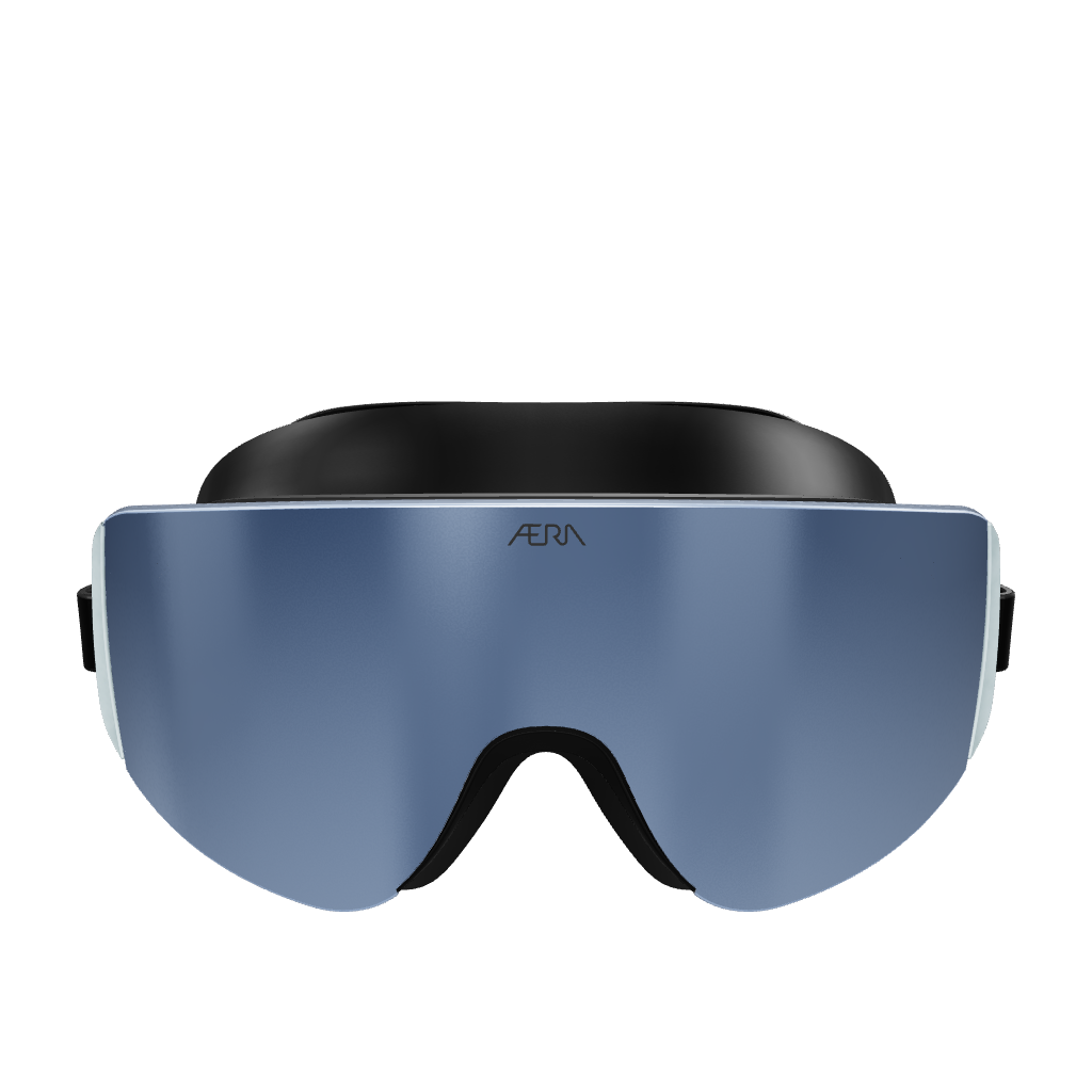 3D model of ÆRA Sports Black Mirror swim goggles, showcasing sleek design and high-performance lenses from all angles.