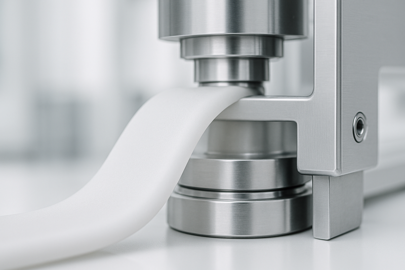 Metallic device cutting white material.