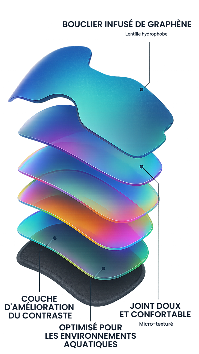 Multicolored lens with graphene infusion and hydrophobic coating.
