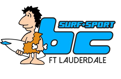 Cartoon character holding a surfboard with 'Surf Sport BC' logo and text 'FT Lauderdale' on a white background.