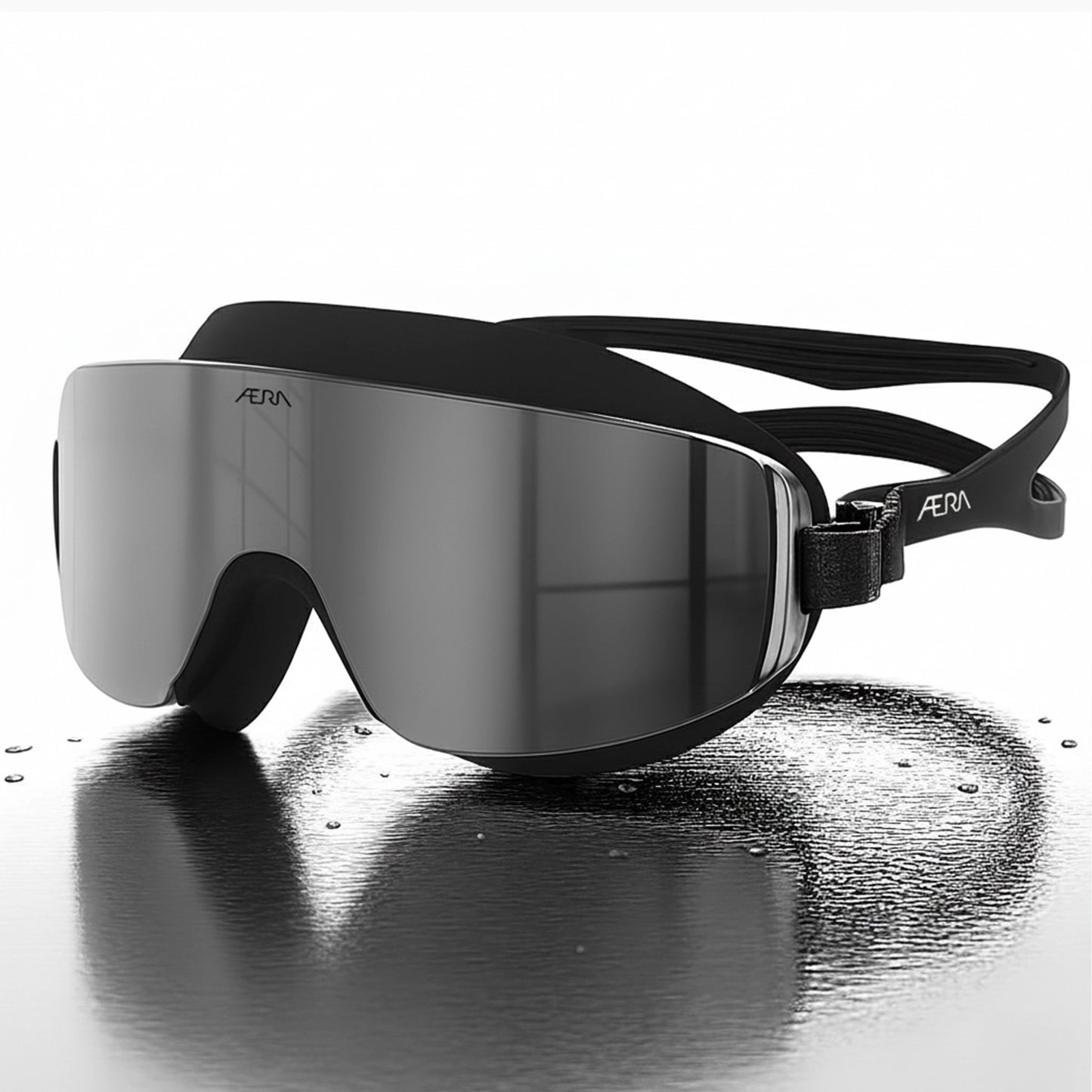 Black Mirror swimming goggles by AERA, sleek high-performance lenses, perfect for clear vision in bright water, shown on white background, Low Angle