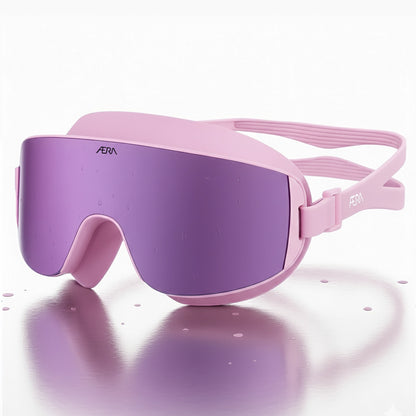 ÆRA Blushwave swimming goggles in pink and purple with AERA branding on white background, featuring anti-fog lenses and UV protection for adults
