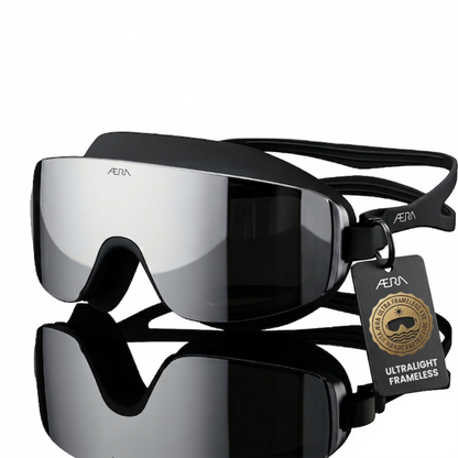 Black Mirror swimming goggles by AERA, sleek high-performance lenses, perfect for clear vision in bright water, shown on white background, Low Angle
