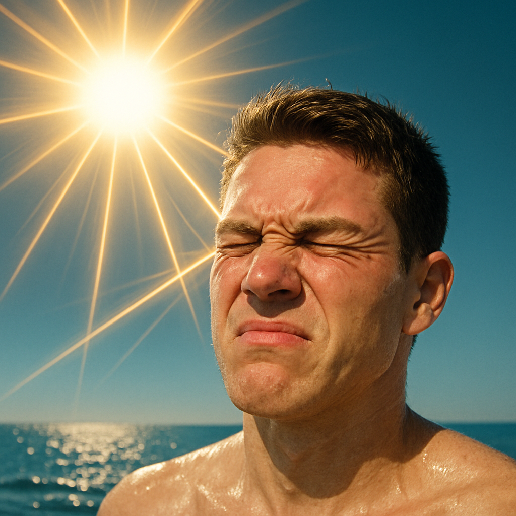 Male squinting in bright sunlight due to intense sun glare, emphasizing the need for AERA Sports eyewear with UV protection