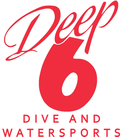 Logo for Deep 6 Dive and Watersports with red text on a white background