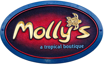Oval-shaped sign for Molly's a tropical boutique with a blue border and red background.