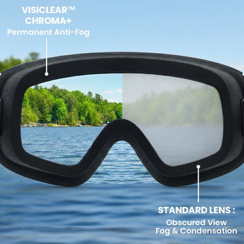 Diving goggles with Visiclear Chroma+ lens showing clear view vs standard lens with fog and condensation.