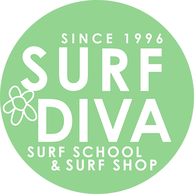 Logo of Surf Diva surf school and surf shop with a green circle and white text.