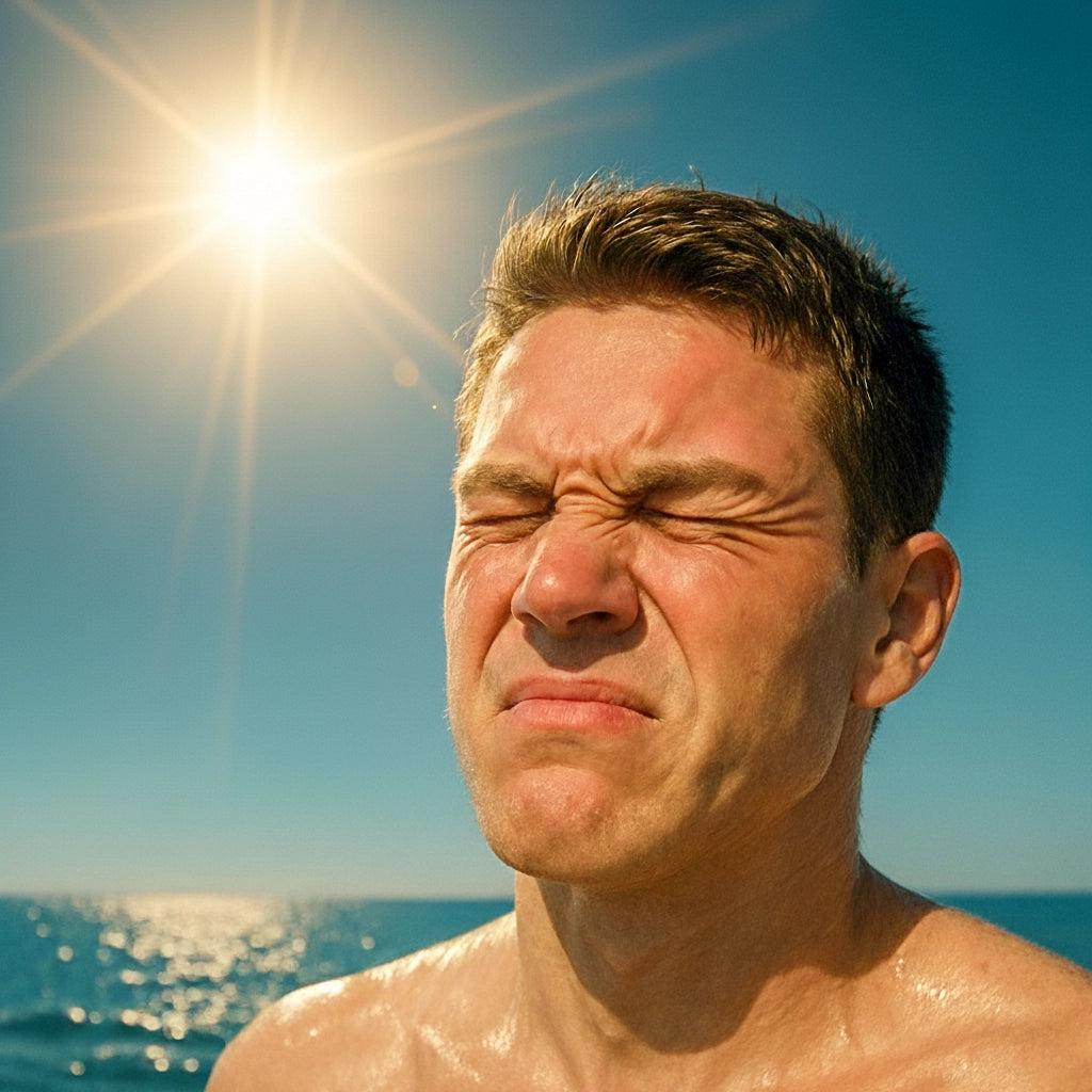 Man with sunburned face against a bright blue sky and ocean