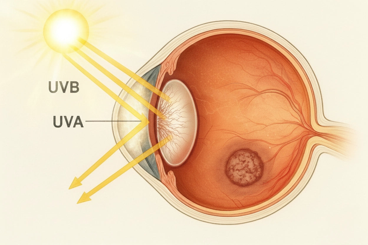 Diagram of eye with UVB and UVA rays labeled