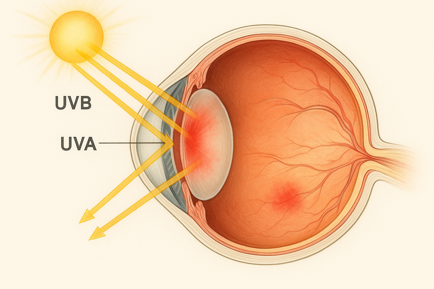 Graphic illustrating how AERA Sports eyewear blocks harmful UVA and UVB rays to protect the eyes from sun damage