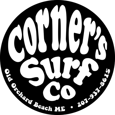Corner's Surf Co logo with contact information on a black background