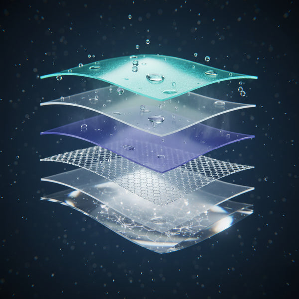 Layered structure coating layers with water droplets on a dark background