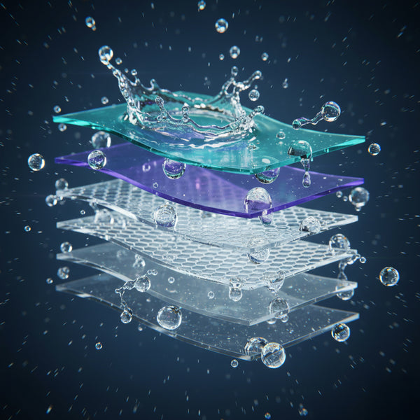 Stack of transparent coating layers  with water droplets and splashes on a dark background