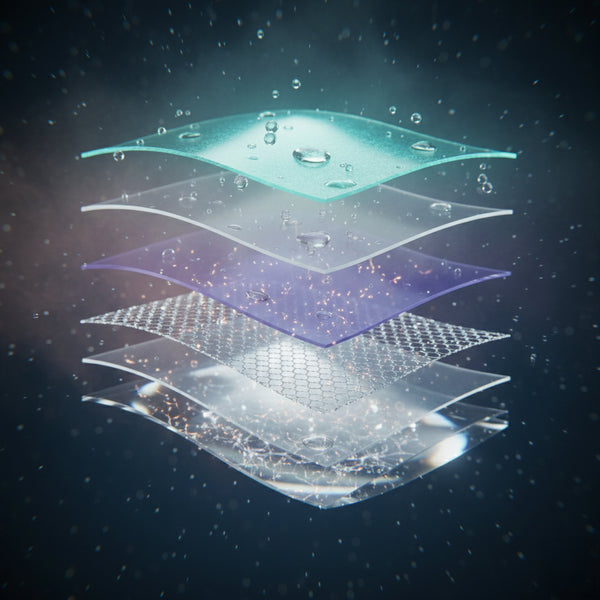 Layered structure with water droplets on a dark background