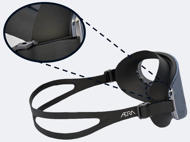 Black Aera swim goggles with close-up inset on a white background